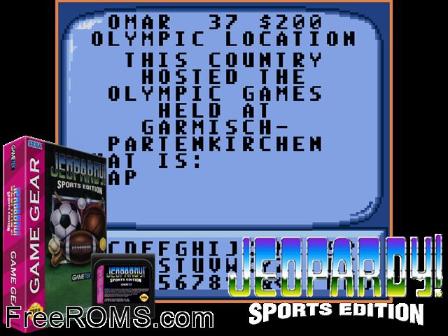 Jeopardy! - Sports Edition Game Gear game showing 3D box cover and gameplay screenshot